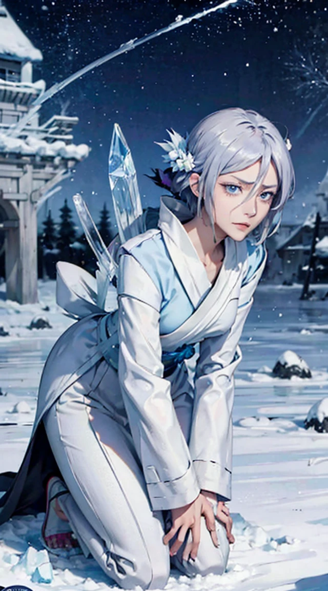 Digital Art of Kuchiki Rukia, Bankai Form(Hakka Perching Turtle), From the anime Bleach, Are standing, whole body, Gray Hair, Bright Blue Eyes, Frozen Sword, Ice particles, Crystal of snow, Super detailed, Ultra-realistic, View your viewers, 4K, The depth of the writing world, Radiation Mapping, High Dynamic Range, masterpiece，(leaning forward:1.3), (hands on knees:1.3)