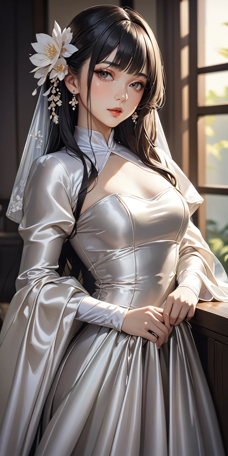 Portraiture、(masterpiece,Highest quality,Ultra-high resolution),Japanese women, (((Very beautiful 25 year old girl))),She is wearing a long-sleeved dress made of shiny satin fabric.