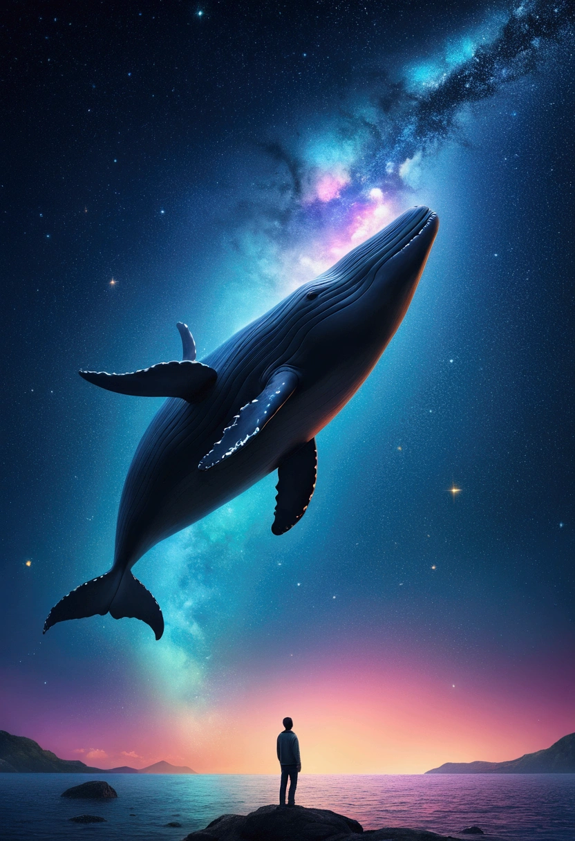 (Flying Whale), starry sky, inspired by the glow of colorful distant celestial bodies, lighting up the night sky with a gentle hint of warmth and longing for the beauty that exists far beyond our reach, full body, award-winning, cinematic still, emotional, vignette, dynamic, vivid, (masterpiece, best quality, Professional, perfect composition, very aesthetic, absurdres, ultra-detailed, intricate details:1.3)