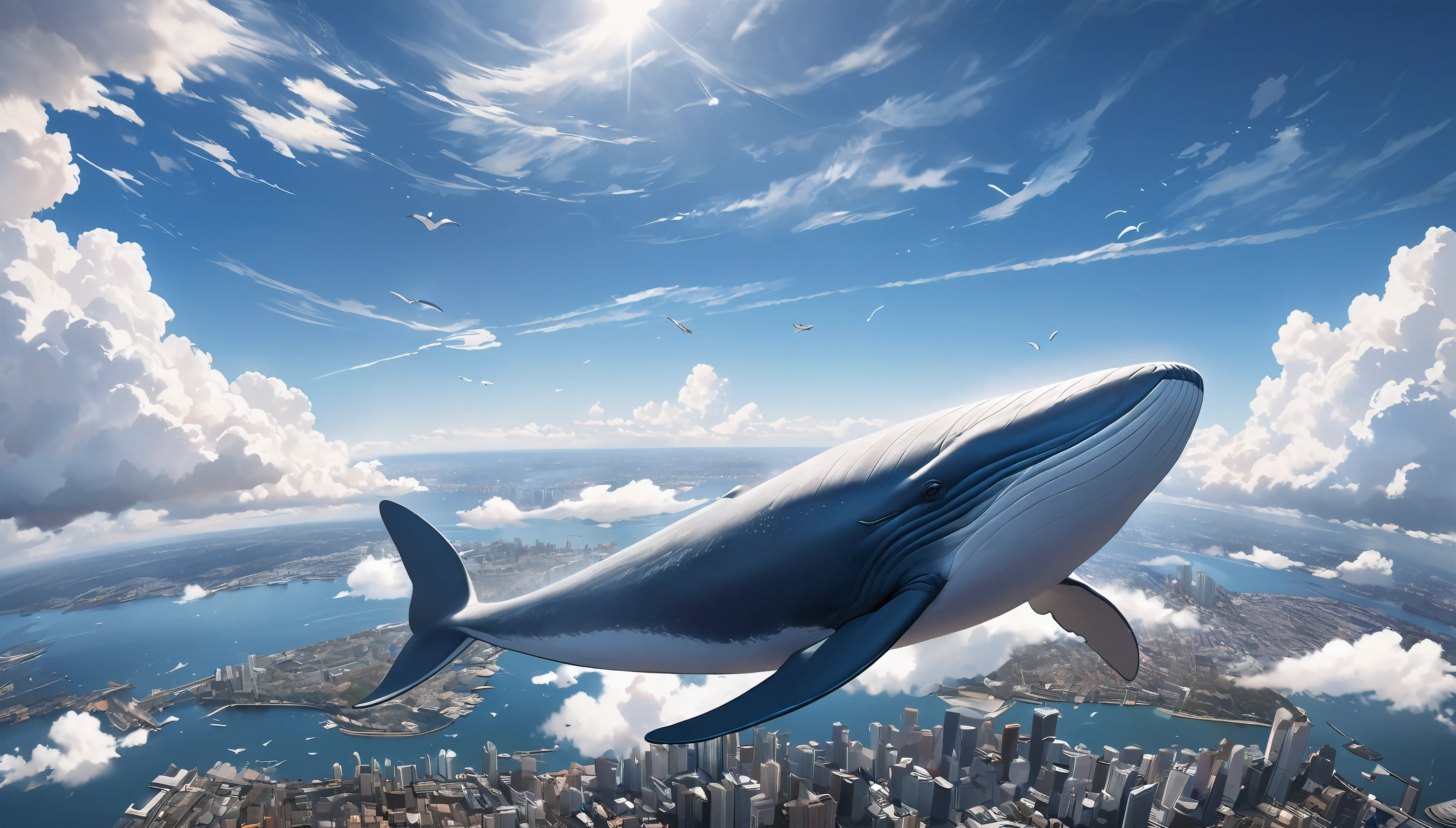 Blue whale flying in the sky, Aesthetic Moby Dick, dynamic, Splash-like clouds, BREAK Above the runway at the airport, (Realistic, Realistic photos:1.37, Photorealistic), 