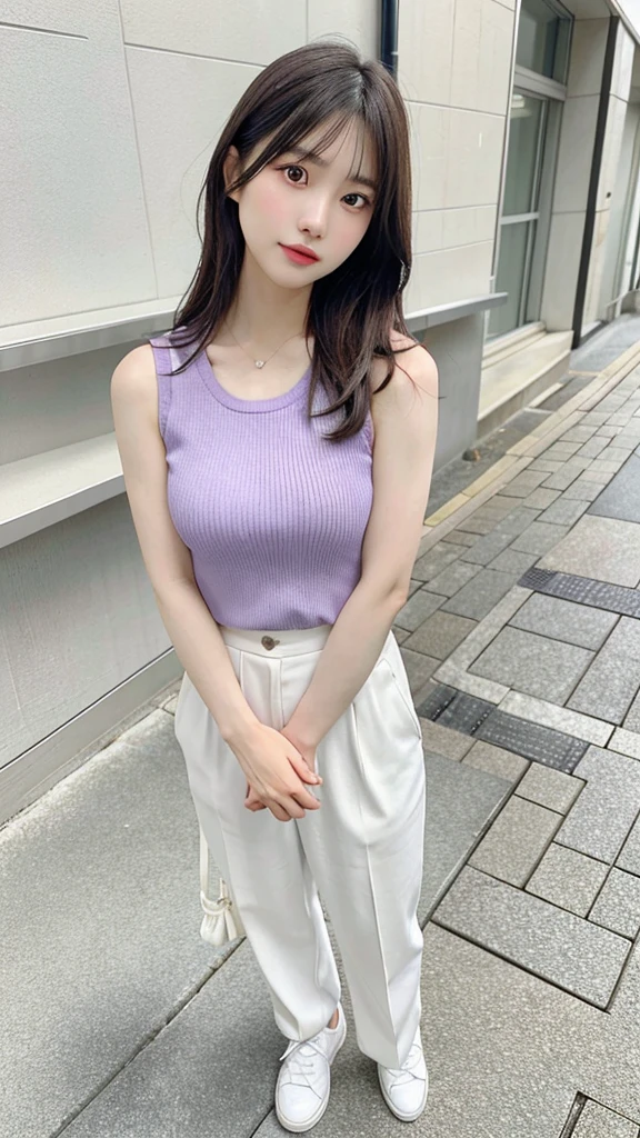 A hyper-realistic full-body image of a beautiful young Japanese woman, looking very much like Kasumi Arimura, standing against a gray background. She has long, straight dark hair and is wearing a sleeveless purple top and white pants. She is standing with her arms at her sides and looking directly at the camera with a calm and gentle expression. She is also wearing white shoes with black accents. The image should capture the facial features, hairstyle, and gentle expression characteristic of Kasumi Arimura. The style is photorealistic, with extremely high resolution and realistic details, making her appear very lifelike.