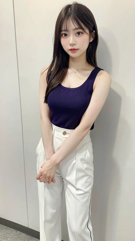 A hyper-realistic full-body image of a beautiful young Japanese woman, looking very much like Kasumi Arimura, standing against a gray background. She has long, straight dark hair and is wearing a sleeveless purple top and white pants. She is standing with her arms at her sides and looking directly at the camera with a calm and gentle expression. She is also wearing white shoes with black accents. The image should capture the facial features, hairstyle, and gentle expression characteristic of Kasumi Arimura. The style is photorealistic, with extremely high resolution and realistic details, making her appear very lifelike.
