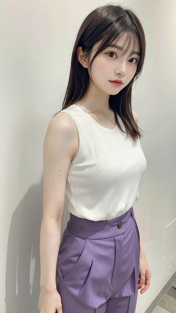 A hyper-realistic full-body image of a beautiful young Japanese woman, looking very much like Kasumi Arimura, standing against a gray background. She has long, straight dark hair and is wearing a sleeveless purple top and white pants. She is standing with her arms at her sides and looking directly at the camera with a calm and gentle expression. She is also wearing white shoes with black accents. The image should capture the facial features, hairstyle, and gentle expression characteristic of Kasumi Arimura. The style is photorealistic, with extremely high resolution and realistic details, making her appear very lifelike.