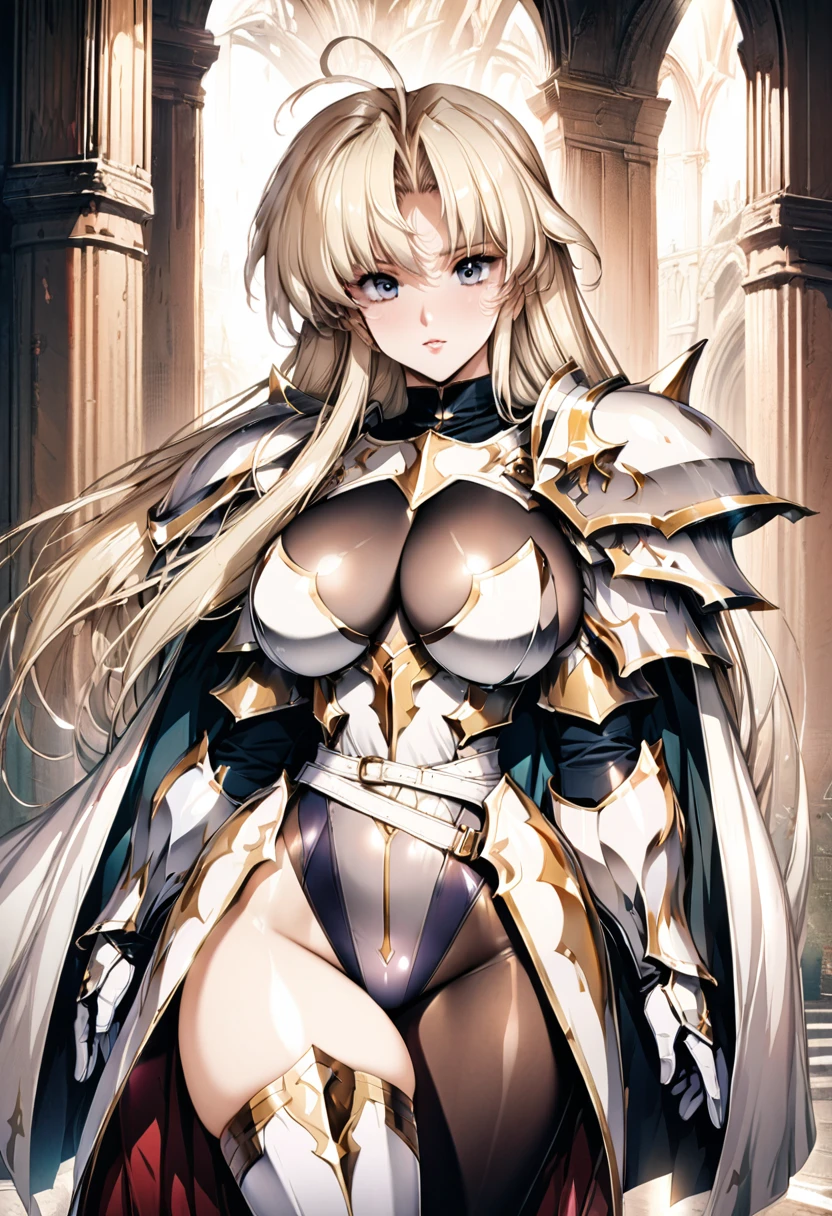 ((highest quality)), ((masterpiece)), ((hyperrealistic)), (detailed background), 1girl, ((curvy: 1.2)), perfect face, Langrisser, ((lamé leotard: 1.5)), ((catsuit)), ((black paladin armor: 1.3)), ((long skirt)), (cloak de cour), gauntlet, gloves, belt, silver straight hair, ahoge, parted bangs, (huge breasts), (see-through cleavage cutout), (zettai ryouiki armored thigh high boots), (pantyhose thigh), beautiful eyes, Perfect hands, perfect fingers,