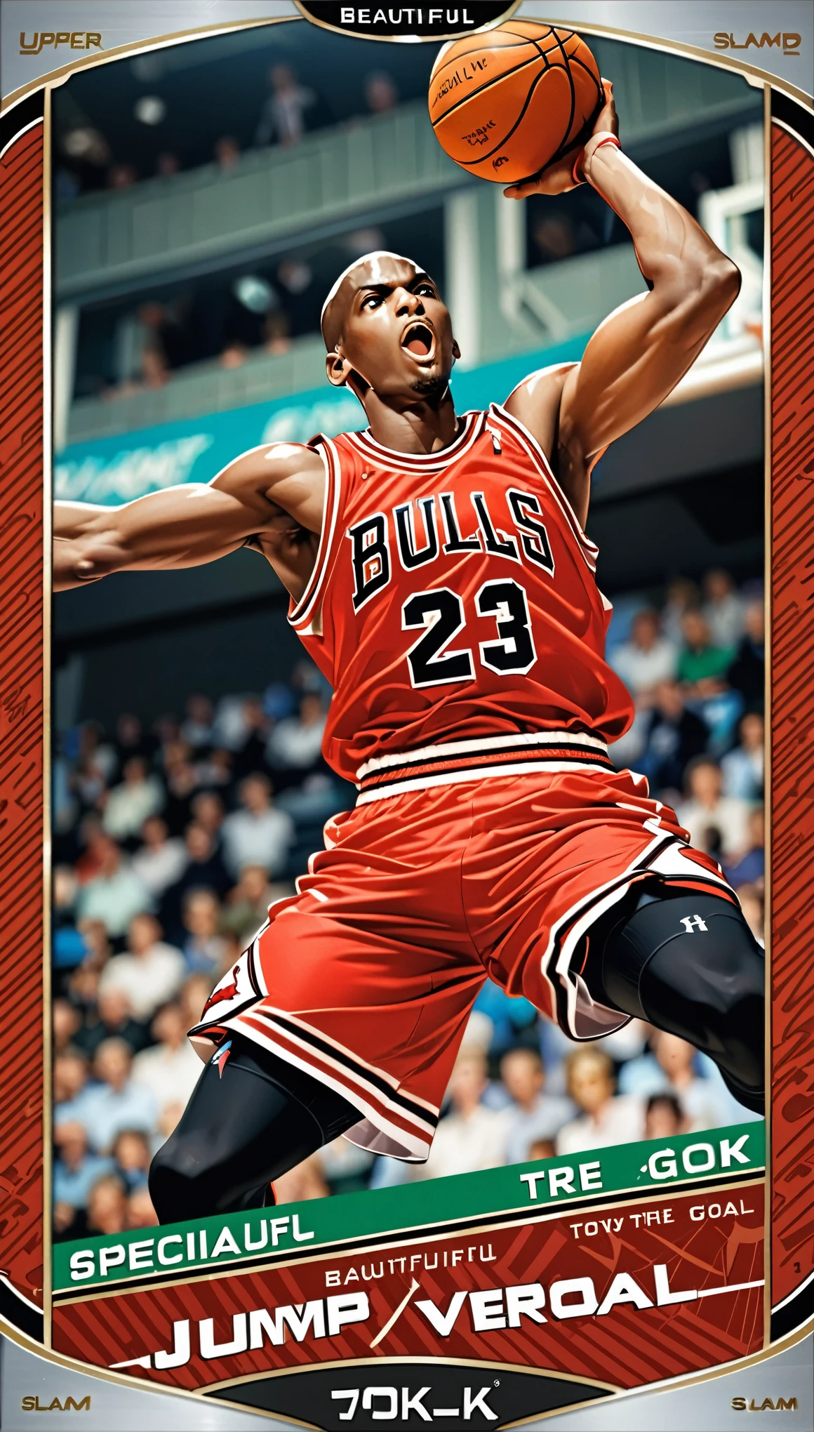 (masterpiece:1.2,Highest quality,Highest quality,High resolution),(Super detailed),(Anime Style),8k,wallpaper,One Man,Black,Basketball Player,Michael Jordan,Detailed face,Sticking out tongue,Chicago Bulls Uniforms,((front)),((Directly above)),((Lean your body back)),(((Jump very high towards the goal:1.6))),((Look up at the ball)),((Slam Dunk:1.6)),(((Dynamic Angles),Basketball Court,(((Background Blur))),(((Upper body close-up))),((From below)),(Basketball Playerトレーディングカード),(((Beautiful trading cards:1.2))),((Special trading cards:1.3)),((Upper Deck inspired design:1.2))