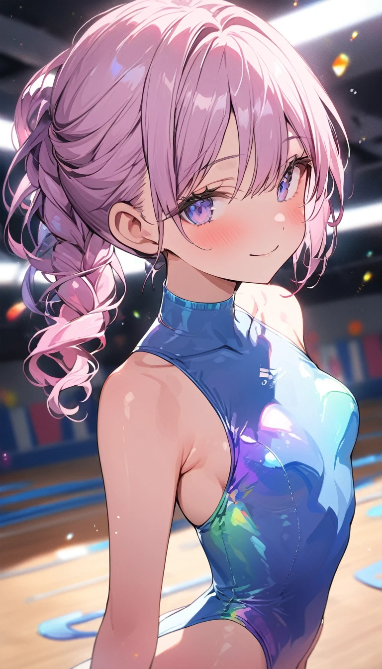 highquality illustration, masterpiece, very delicate and beautiful, attractive girl,(gymnastics leotard,long sleeve leotard with glittery decoration,high_leg leotard,athletic leotard,tight-fit leotard,iridescent gradient leotard,long-sleeve leotard),thin,slender body,slim,high school,gymnasium background,gymnastics club,gymnastics athlete,princess, beautiful eyes,light smile,(masterpiece, best quality:1.2), highres, extremely detailed CG unity 8k wallpaper, perfect lighting, Colourful, ultra-high res,4K,ultra-detailed, photography, 8K, HDR,  ages,cowboy shot,