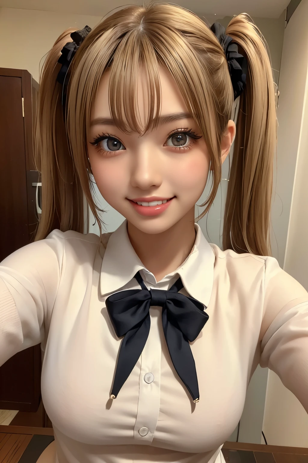 one girl, (((smile)))、uniform、Beautiful breasts、 Brown eyes, ((Twin tails)) blonde, girl, (Eye and facial details:1.0), break, (masterpiece, Highest quality, Very detailed, Detailed face, 8k)