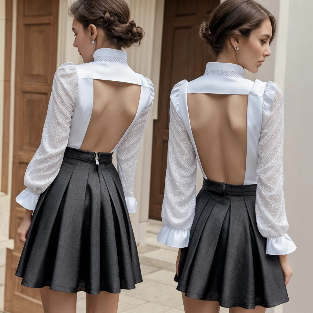 A realistic image of a loose-fitting dress without a belt in solid black color, knee-length with an A-line profile. It features a crisp pointed collar with white trim, elbow-length sleeves with a slight flare, and a gently gathered skirt for a relaxed silhouette. The dress uses a smooth, lightweight fabric with a discreet back zipper closure, maintaining a neat, unembellished look. The collar and sleeve hems are adorned with white piping to accentuate the design. --no woman, man, head, hand --chaos 40 --style raw --stylize 0