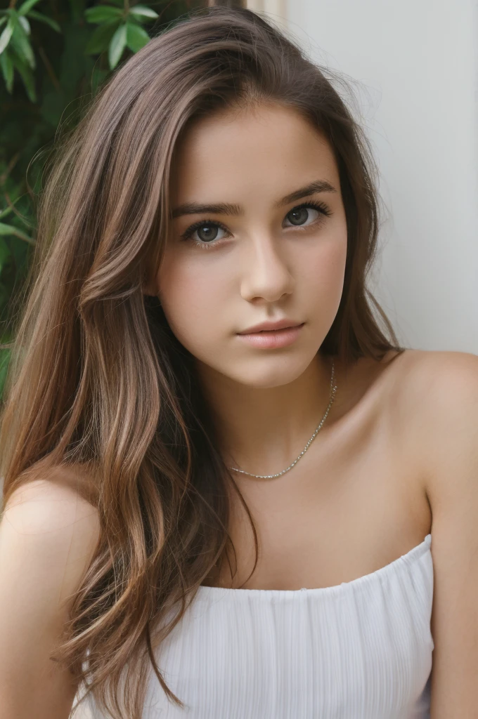 (masterpiece), image of an 15-year-old (European teenager 1.5), (green eyes 1.6), long dark brown hair, tanned skin, beautiful face, round face, (thin face), (small nose), medium breasts. She is wearing a yellow dress.