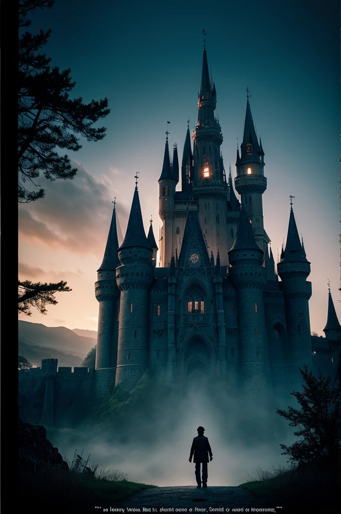 A shadow of a boy in civilian clothes, approaching a large castle in the darkness of the night, a fantasy atmosphere. ethereal. magic. Poster for an untitled film