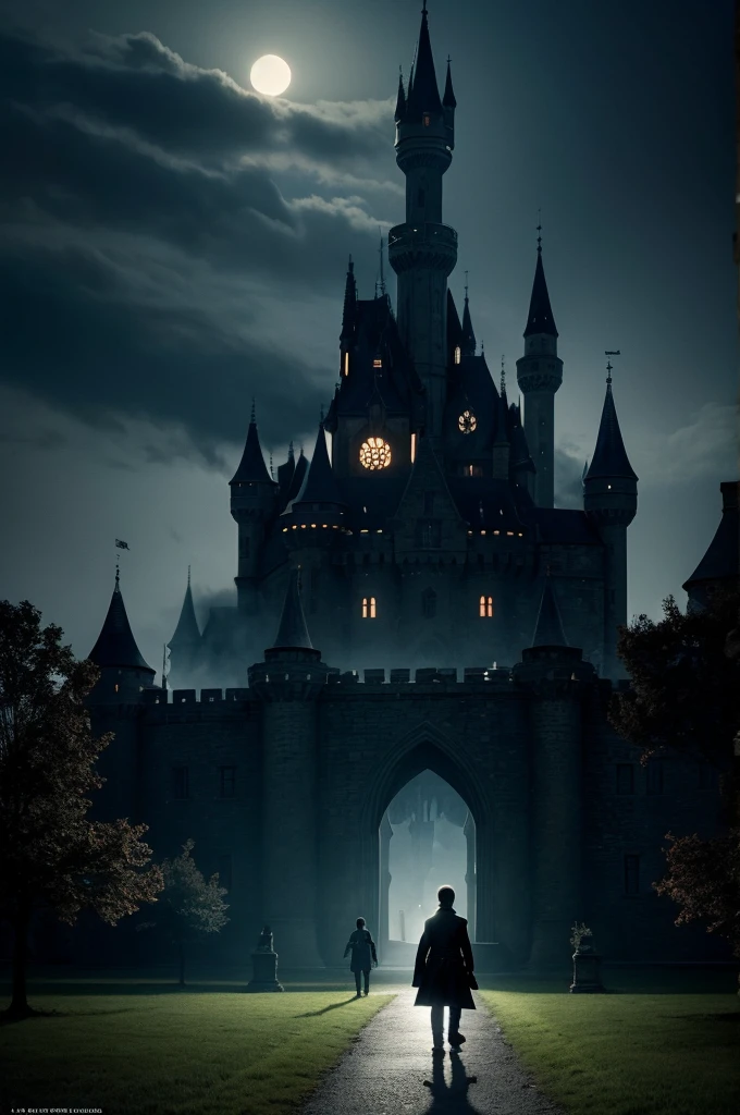 A shadow of a boy in civilian clothes, approaching a large castle in the darkness of the night, a fantasy atmosphere. ethereal. magic. Poster for an untitled film