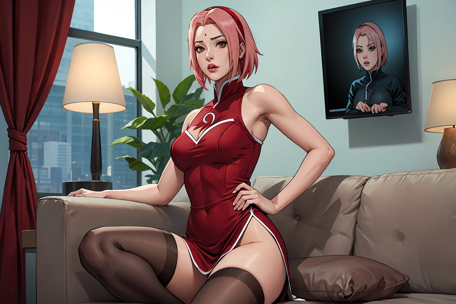 SAKURA HARUNO IS A PORN ACTRESS, VIÑETA COMIC STYLE,sexy red dress,bare shoulders,SEXY NET STOCKINGS,mini skirt