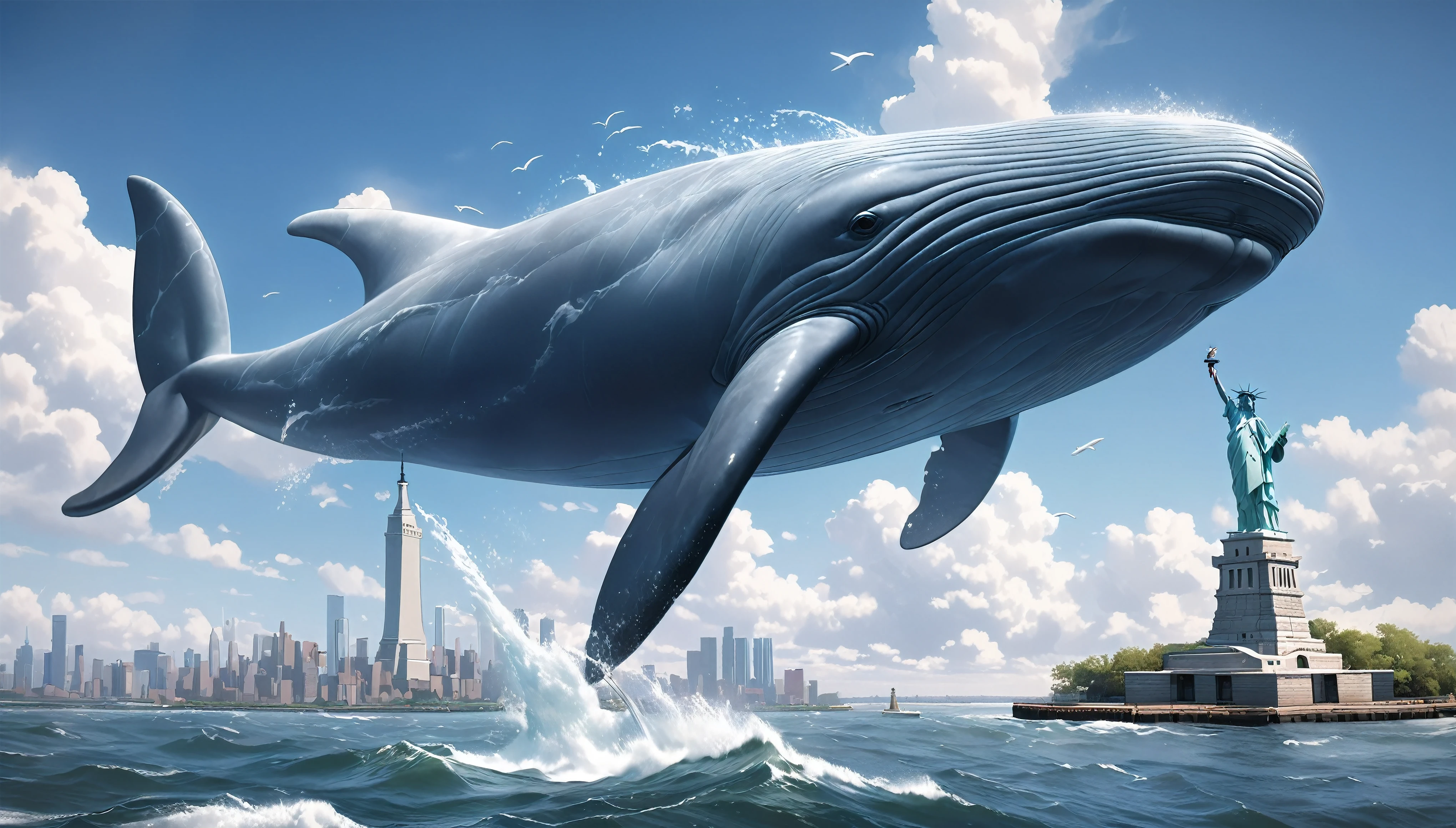 Blue whale flying in the sky, Aesthetic Moby Dick, dynamic, Splash-like clouds, BREAK Above the runway at the airport, (Realistic, Realistic photos:1.37, Photorealistic), 