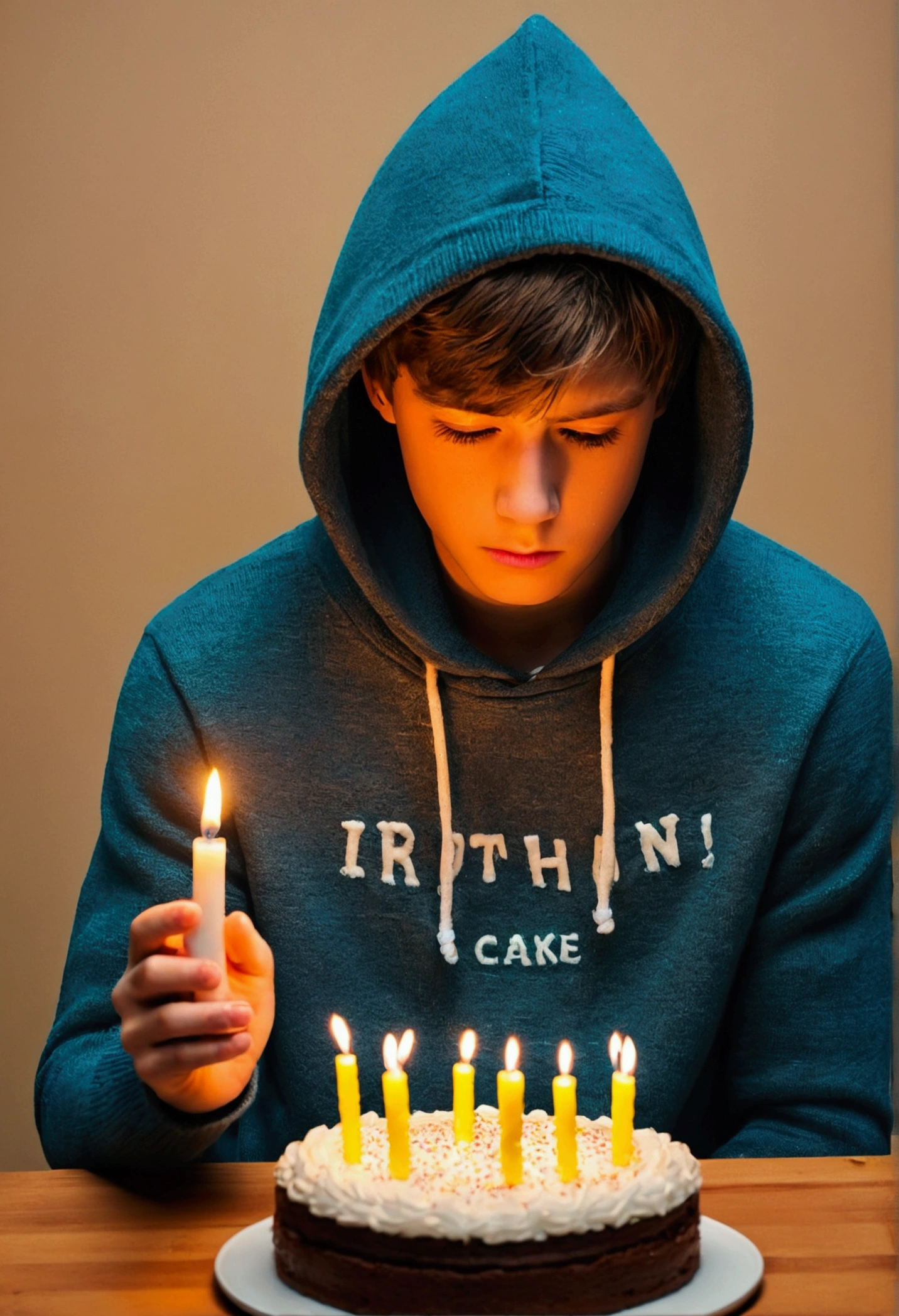 Text Alone on birthday, sad boy sitting, woth one cake, one candle on cake, back camera, boy with hoodie sweater, no face showing, best text alone on birthday, human version edited