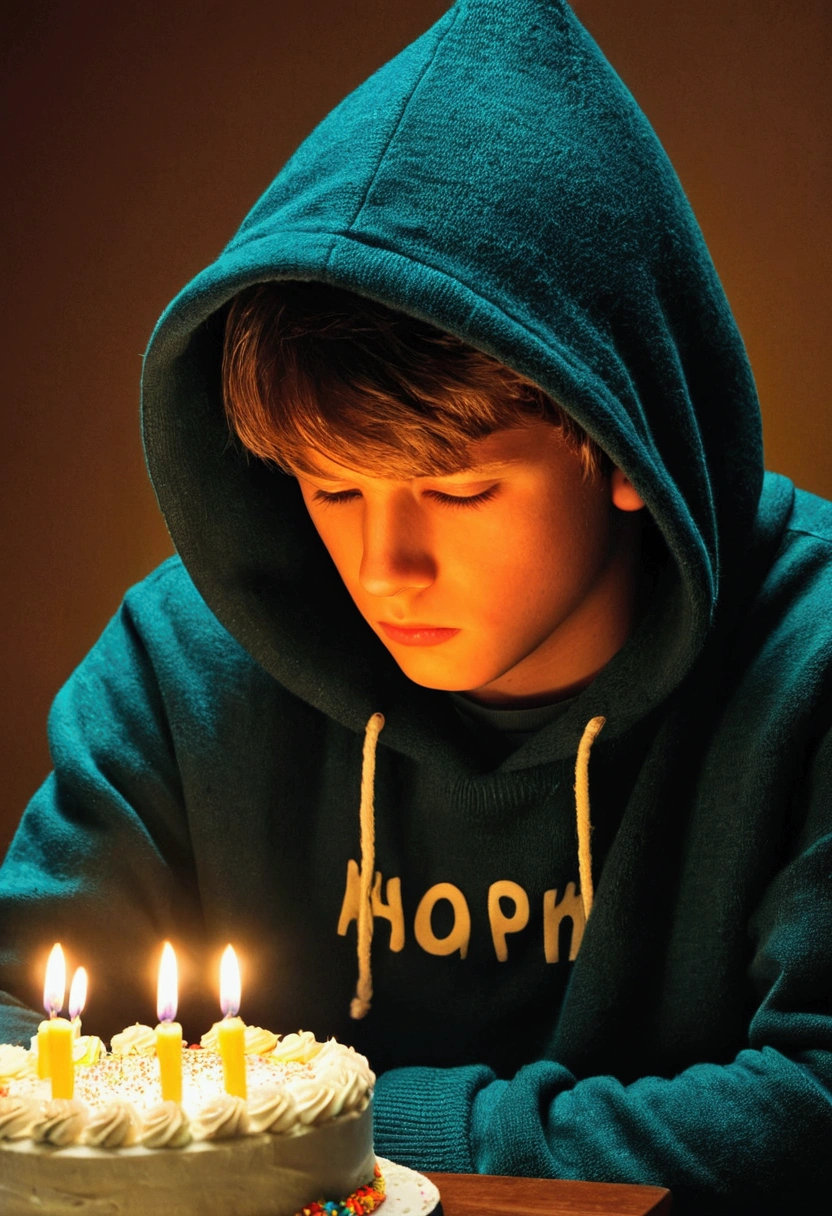 Text Alone on birthday, sad boy sitting, woth one cake, one candle on cake, back camera, boy with hoodie sweater, no face showing, best text alone on birthday, human version edited