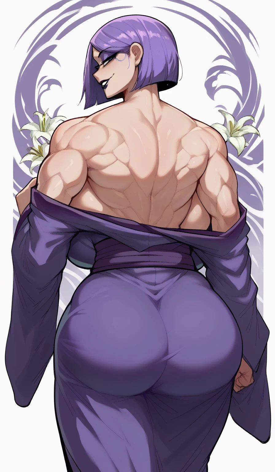 score_9, score_8_up, score_7_up, score_6_up, score_5_up, score_4_up, BREAK 1girl, ((muscular body:1)), intricate, kimono, (eyeliner:1.2), looking at viewer, bob hairstyle, purple hair, detailed background,huge breasts (masterpiece, high quality:1), backshot, looking at viewer, lustful smile, breeding intention, purple, lipstick, muscular back, back pose, lily (Duolingo), undressed kimono showing back, dump truck ass
