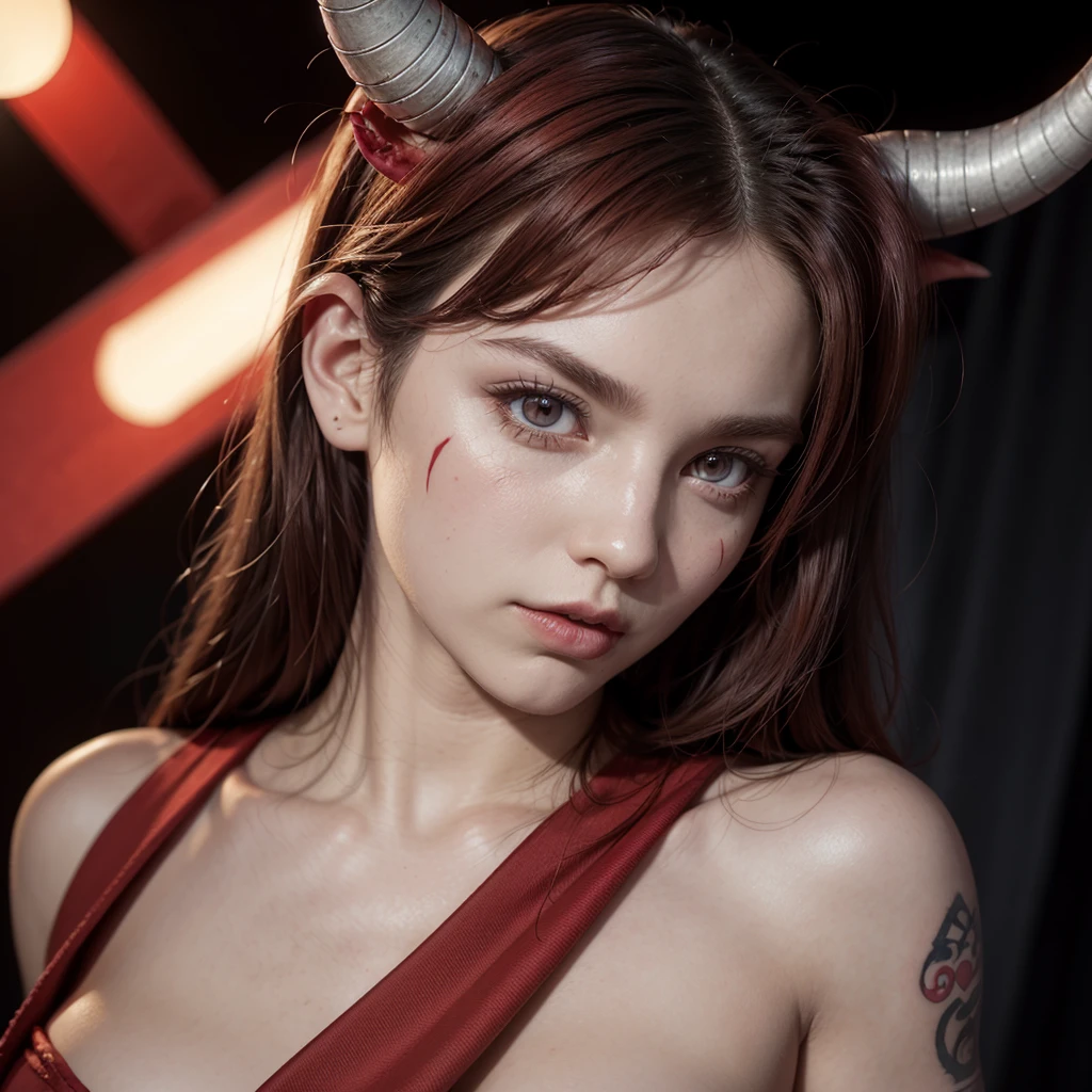 A close-up of a red Tiefling with backwards horns, wearing a white band tied around the eyes, with two billy clubs on the back and the lyrics "d" tattooed on chest.