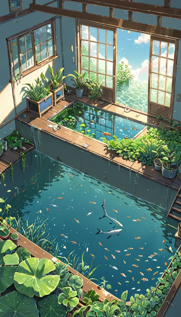 ((anime:1.4,illustration)),(masterpiece, top quality, best quality),(ultra-detailed, absolutely resolution),((16k, high res)). BREAK {lofi art, style of Laurie Greasley, style of Makoto Shinkai, anime aesthetic}, BREAK {A house submerged in water, fish swimming in the house, water plants growing in the water, sunlight reaching the bottom of the water.}