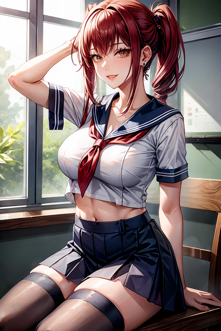 Makima (Chainsaw Man), woman, sexy woman, mature female, mommy, sharp eyes, detailed lips, big breast, short sleeves sailor uniform, sexy sit, classroom, evil smiling, seductive lips, adjusting hair, short skirt, hunter eyes, looking back, midriff peek, earrings , high pony tail 