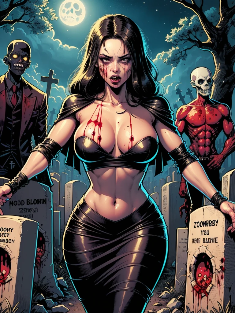 (((comic style, cartoon artwork))).  A hot gothic necromancer girl in the cemetery, woman in medieval black dress, hot body, sensuous. ((in the cemetery)) under the moonlight. ((( body covered in blood))). Total growth in the frame. highy detailed. ((Zombies in the background)).