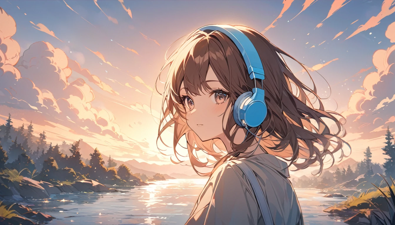 Girl wearing headphones,Brown Hair,1 person,bright,Detailed Background,「The murmur of a river」 - Listen to the flow of the river,relax