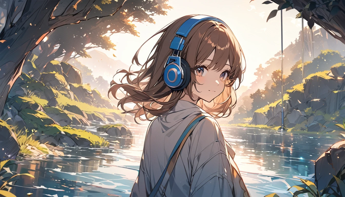 Girl wearing headphones,Brown Hair,1 person,bright,Detailed Background,「The murmur of a river」 - Listen to the flow of the river,relax