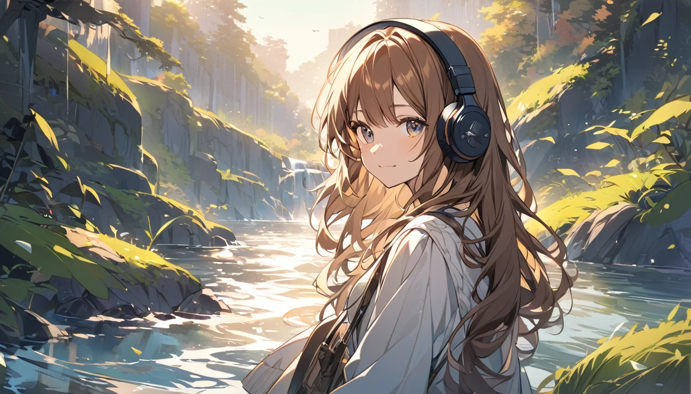 Girl wearing headphones,Brown Hair,1 person,bright,Detailed Background,「The murmur of a river」 - Listen to the flow of the river,relax