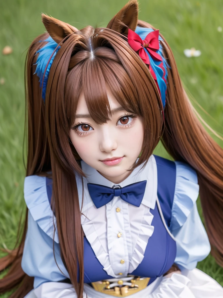 daiwa scarlet, brown hair, hair intake, (red eyes:1.3), long hair, twintails, animal ears, horse girl,
BREAK (Highest quality, 16K, masterpiece:1.55), Ultra detailed face, Detailed lips, Detailed eyes, double eyelid, 
BREAK (Happy smile:1.2), (close up:1.3), (Seductive pose:1.6), (dynamic angle:1.5),
BREAK 1girl, 18years old, (full Breasts:1.3), Lanky Height, (big hips:1.35), 
BREAK tiara, Horse tail, Epaulettes, Garter Straps, Long sleeve, Large Breasts, Red eyes, bow tie, Puff sleeves, Blue jacket, White knee socks, Center frill, White shirt, White Skirt, Blue Skirt, Hair Ribbon, 
BREAK outdoor,
