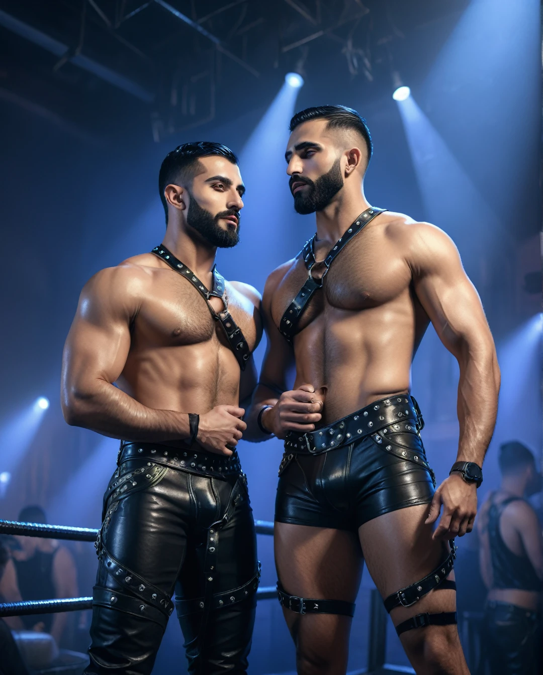 Two muscular arabian men, black short hair and short beard, leather harness, leather briefs, embrace in club night background, black goves long nails, best quality, 8k, highres, masterpiece, ultra-detailed, realistic, photorealistic