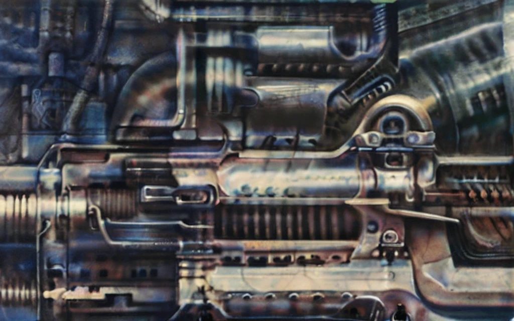 xgiger, The image is a detailed view of H.R. Giger's biomechanical tableau \" LANDSCAPE No 312 \" plate, featuring
a complex, intricate, and detailed design of endless Machine in the transit space over the cascade of fallen water, that appears to be a fusion of organic and mechanical elements, with a focus on the interplay between the two.The piece is a tableau, most likely created with a India ink pen or pencil on paper, determined by the thin lines, shading techniques, and the texture of the paper, which is visible around the edges.
Used is pen, given the shading and variations in line weight visible in the image. Artist have used a variety of stylus with different degrees of hardness to achieve the shading effects.
The use of undersaturated green-grays dark contrasts creates a stark and graphic look. Is used a variety of linework techniques to create different textures. Fine, parallel lines create a smooth, metallic texture,while thicker, more cursive lines suggest cables or wires.
Light source from the top highlights skeletals, pper part of foreground, lower part of image is in shadowupper part of foreground, lower part of image is in shadow.
The art performance showcases the artist’s skills in observation and rendering. The level of detail in the piece suggests a close study of real bone specimens and mechanics. The artist has skillfully used shading techniques to create a convincing illusion of three-dimensionality on a flat surface. The wrinkles and cracks in the surface, and the cast shadows with accuracy, used shading techniques to create a realistic depiction of light and shadow on the objects. This creates a sense of depth and dimension in the image. The artist has used careful linework to depict the contours and textures in the piece
Sharp focus on foreground elements illustration. Deep and delicate DOF. Big painting. Stored in Louvre masterpiece, ooze soaked pajama top