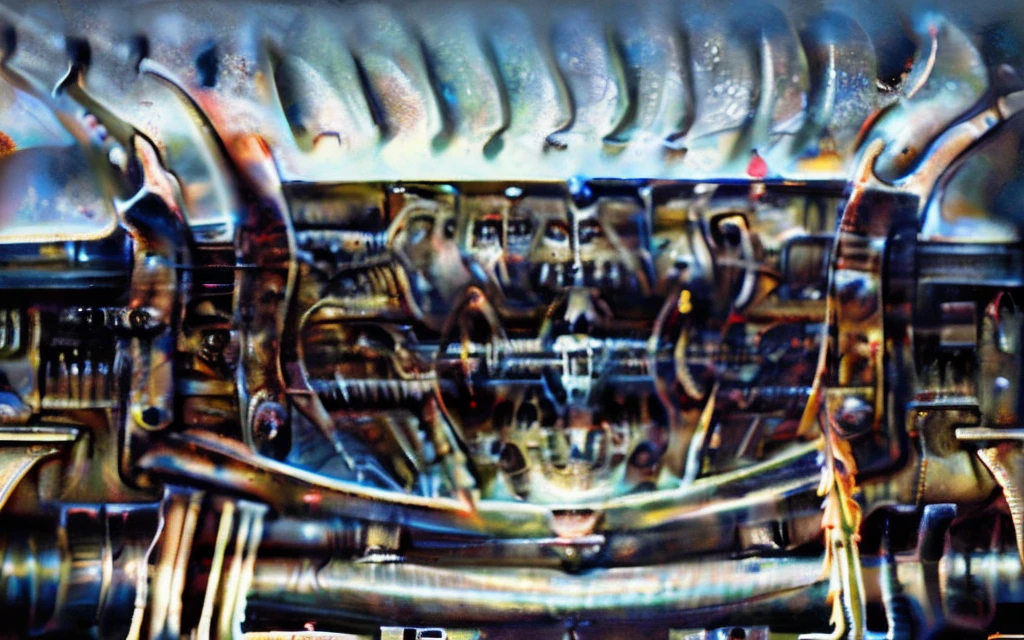 xgiger, The image is a detailed view of H.R. Giger's biomechanical tableau \" LANDSCAPE No 312 \" plate, featuring
a complex, intricate, and detailed design of endless Machine in the transit space over the cascade of fallen water, that appears to be a fusion of organic and mechanical elements, with a focus on the interplay between the two.The piece is a tableau, most likely created with a India ink pen or pencil on paper, determined by the thin lines, shading techniques, and the texture of the paper, which is visible around the edges.
Used is pen, given the shading and variations in line weight visible in the image. Artist have used a variety of stylus with different degrees of hardness to achieve the shading effects.
 The use of undersaturated green-grays dark contrasts creates a stark and graphic look. Is used a variety of linework techniques to create different textures. Fine, parallel lines create a smooth, metallic texture,while thicker, more cursive lines suggest cables or wires.
Light source from the top highlights skeletals, pper part of foreground, lower part of image is in shadowupper part of foreground, lower part of image is in shadow.
The art performance showcases the artist’s skills in observation and rendering. The level of detail in the piece suggests a close study of real bone specimens and mechanics. The artist has skillfully used shading techniques to create a convincing illusion of three-dimensionality on a flat surface. The wrinkles and cracks in the surface, and the cast shadows with accuracy, used shading techniques to create a realistic depiction of light and shadow on the objects. This creates a sense of depth and dimension in the image. The artist has used careful linework to depict the contours and textures in the piece
Sharp focus on foreground elements illustration. Deep and delicate DOF. Big painting. Stored in Louvre masterpiece, ooze soaked pajama top
