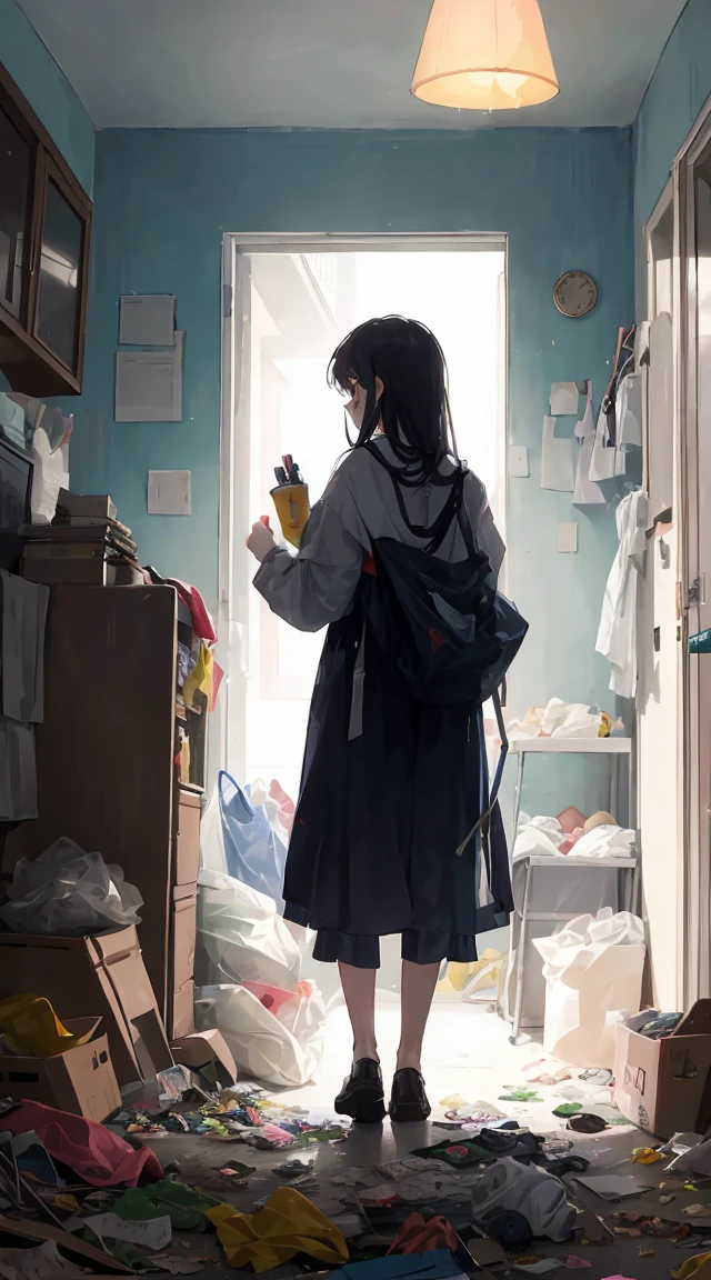 This illustration is、Cute  standing in a room full of garbage、It depicts a moment of rage over a situation。She、Holding the cleaning tool in your hand、Its eyes are burning with anger。Among them、Old magazines、leftover food、Filled with unused appliances。 however、The most notable is、She gives off「High Energy Body in Final Mystery」Is。This energy body is、Released from her body、Has the power to erase garbage in a room in an instant。ha、emit a pale light、Its light is in the corner of the room々Delivered to。 This moment、Garbage burns out、The room becomes clean in an instant。 Eta、At its heart is、Anger subsides、Girl with satisfied expression standing。