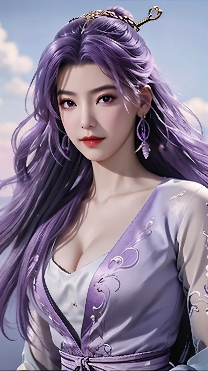  1girl, 独奏,purple hair, long hair, black eyes, hair ornament,medium breasts, cleavage, jewelry,purple hair,  earrings, sky, dress, looking_at_viewer, leaning forward,bedroom,Cowboy lens