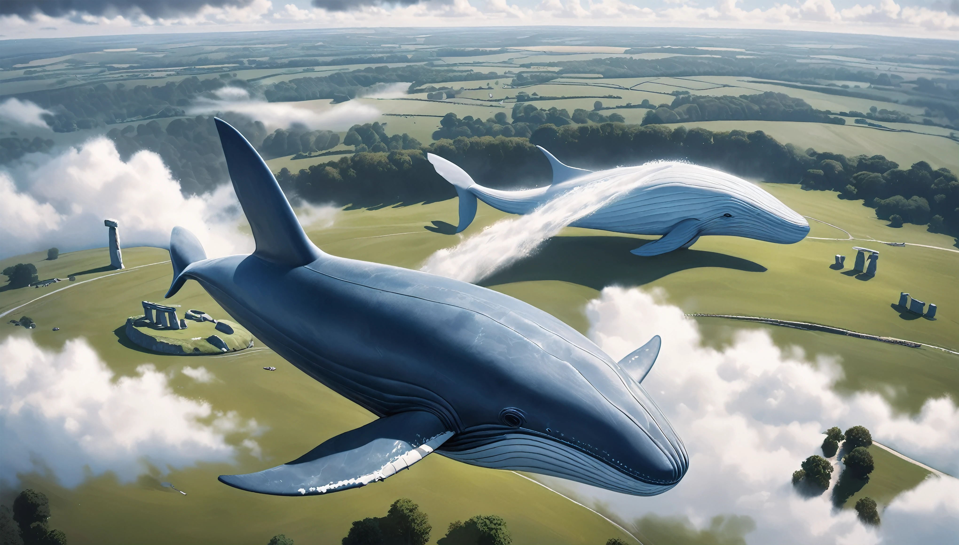 Blue whale flying in the sky, Aesthetic Moby Dick, dynamic, Splash-like clouds, BREAK Above the runway at the airport, (Realistic, Realistic photos:1.37, Photorealistic), 