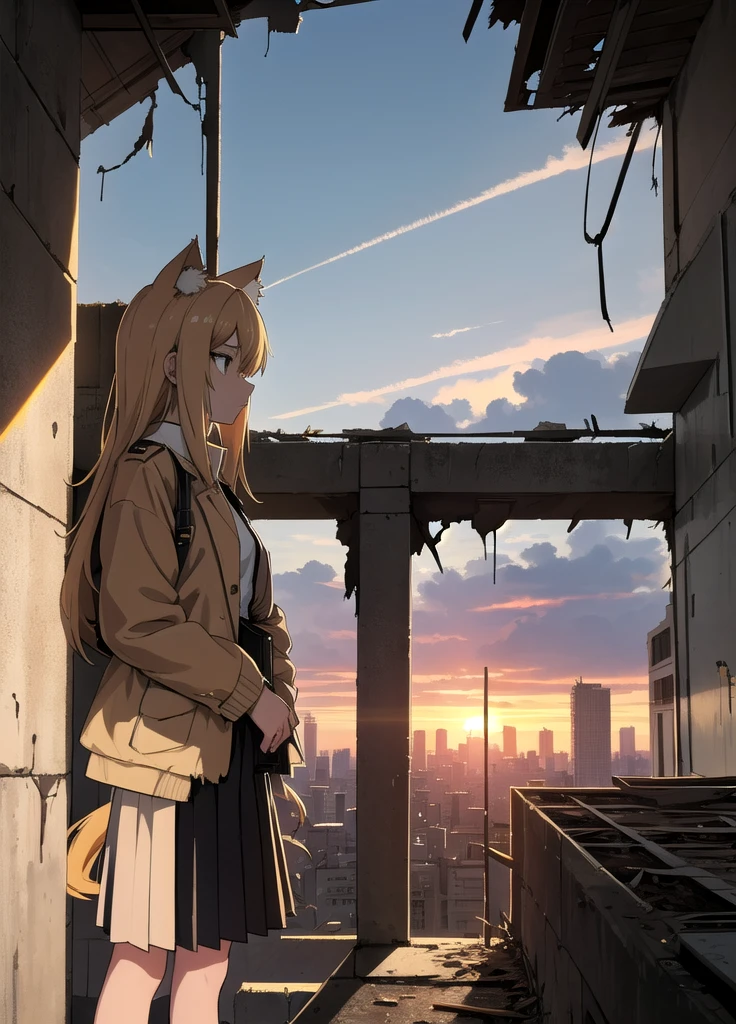 1girl, An anime-style character, female, standing on a ledge overlooking a city in a state of disrepair. The character has cat ears and is dressed in a , featuring a brown jacket and a pleated skirt. She carries a satchel over her shoulder.
The city below appears to be abandoned, with broken and overgrown structures. The warm, golden light of the setting sun casts long shadows and bathes the scene in a soft glow, creating a beautiful yet poignant contrast with the surrounding decay. The sky is partly cloudy with a few scattered leaves or debris caught in the breeze, adding to the sense of desolation and quiet.
The overall composition evokes a sense of solitude and contemplation, as the character gazes at the distant horizon, suggesting themes of resilience, hope, or a journey.