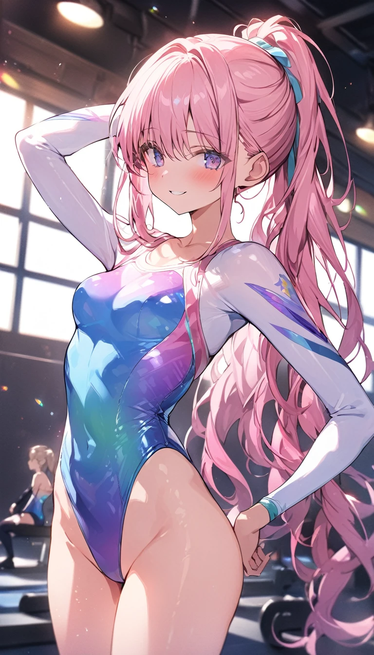 highquality illustration, masterpiece, very delicate and beautiful, attractive girl,(gymnastics leotard,long sleeve leotard with glittery decoration,high_leg leotard,athletic leotard,tight-fit leotard,iridescent gradient leotard,long-sleeve leotard),thin,slender body,slim,high school,gymnasium background,gymnastics club,gymnastics athlete,princess, beautiful eyes,light smile,(masterpiece, best quality:1.2), highres, extremely detailed CG unity 8k wallpaper, perfect lighting, Colourful, ultra-high res,4K,ultra-detailed, photography, 8K, HDR, 17 ages,cowboy shot,