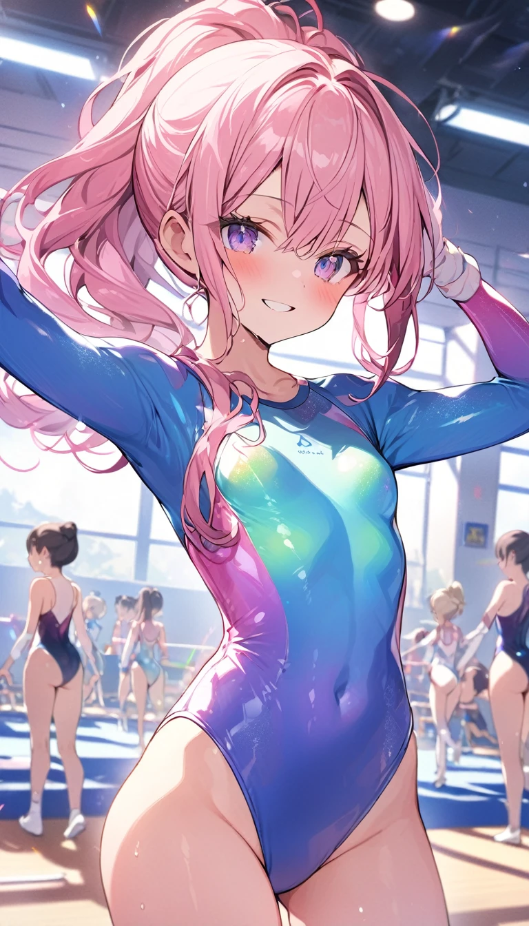 highquality illustration, masterpiece, very delicate and beautiful, attractive girl,(gymnastics leotard,long sleeve leotard with glittery decoration,high_leg leotard,athletic leotard,tight-fit leotard,iridescent gradient leotard,long-sleeve leotard),thin,slender body,slim,high school,gymnasium background,gymnastics club,gymnastics athlete,princess, beautiful eyes,light smile,(masterpiece, best quality:1.2), highres, extremely detailed CG unity 8k wallpaper, perfect lighting, Colourful, ultra-high res,4K,ultra-detailed, photography, 8K, HDR,  ages,cowboy shot,