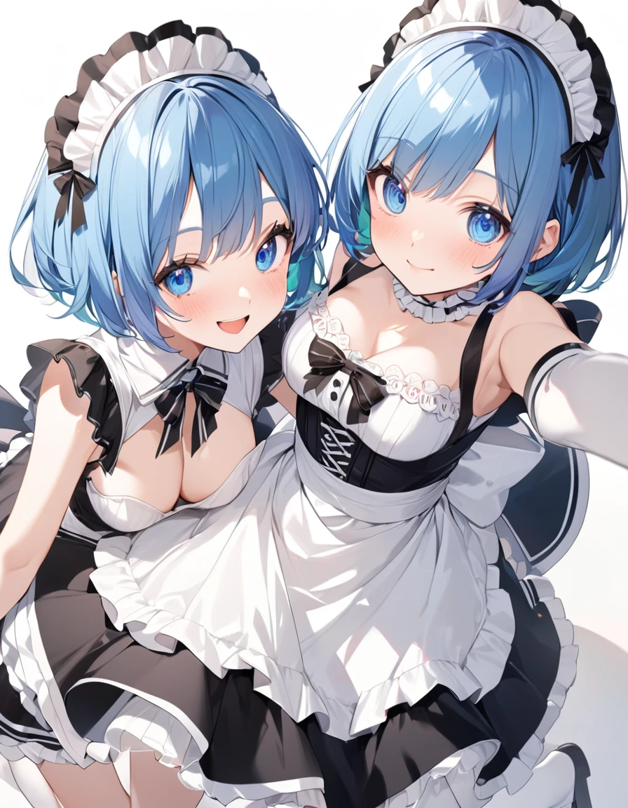Beautiful girl in maid、(Top quality illustrations:1.2), (pretty girl:1.1), (1 girl、、Top quality illustrations:1.2), (1 girl、smile、Medium chest、Beautiful breasts、Highly detailed eyes:1.2)、Bright blue hair、Short Bob Hair、(Black and white maid costume、White knee-high socks) 、Cowboy Shot、White background、Simple Background