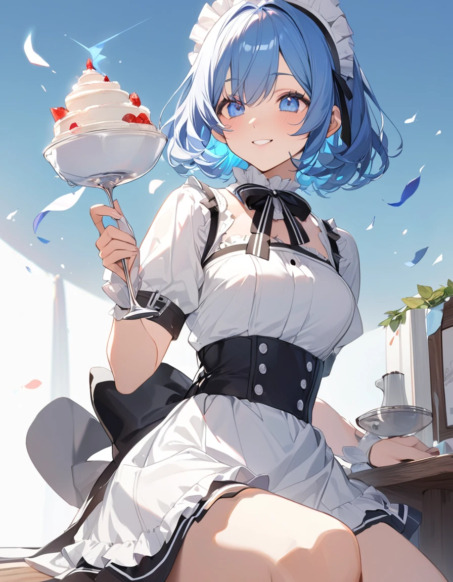 Anime girl with short light blue hair with a cake in her hands ,celebrating birthday,pelvis pov  ,tight clothes
