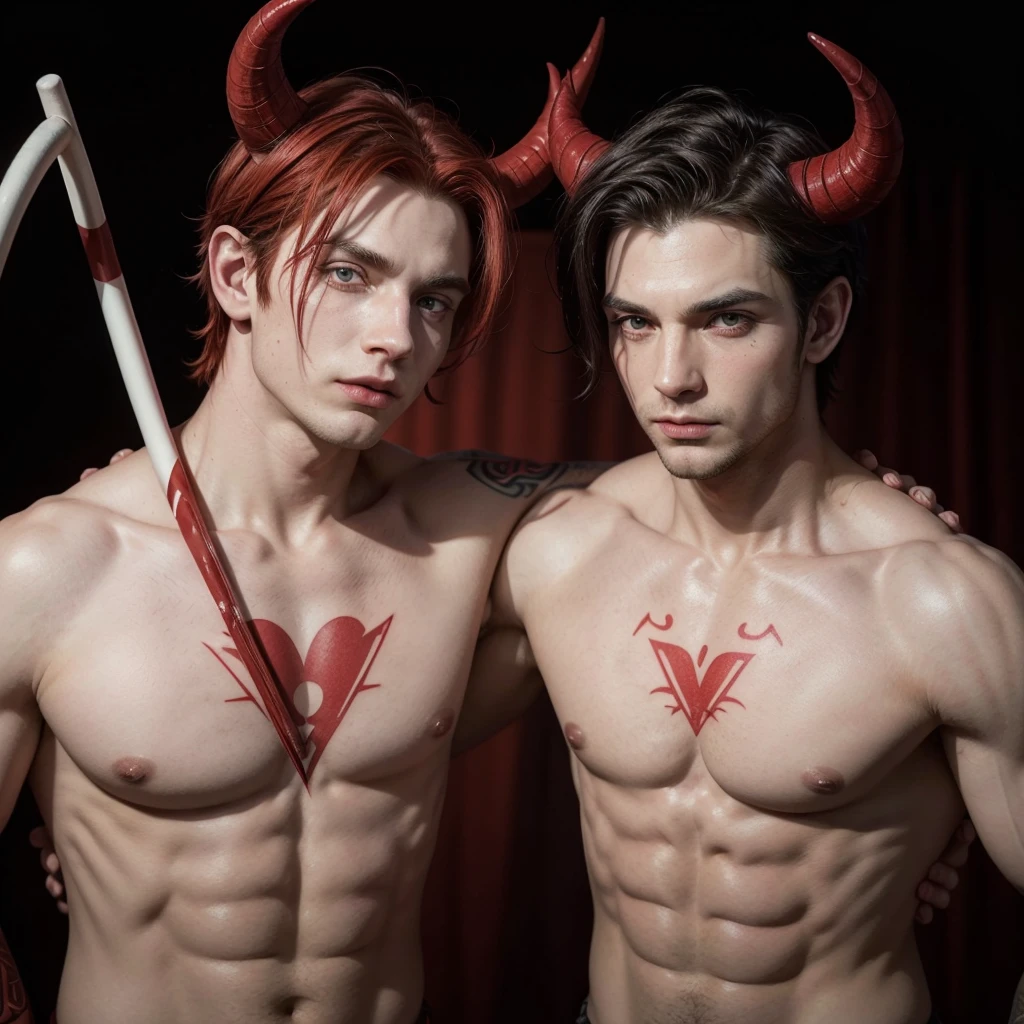 A close-up of a red male Tiefling with horns backwards, wearing a white stripe tied around his eyes, with two billy clubs on his back and with the letter "D" tattooed on his chest. D&D stile.