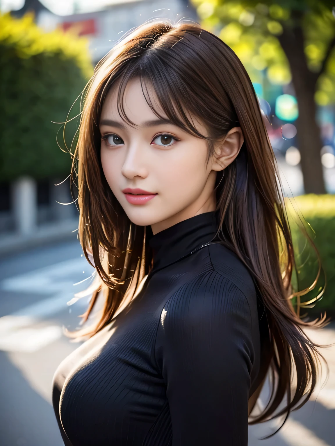 masterpiece, best quality, ultra-detailed, intricately detailed hyperdetailed, realistic, sharp features, highly detailed, sharp focus, (18 years old:1.3), perfect face, perfect symmetrically eyes, perfect full lips, hyper detailed, hyper realistic, high resolution, Fashion Model, Slender, Japanese Idol, brown hair, Stylish, Realistic, Photorealistic:1.3, Beautiful Face, light brown hair, messy hair, Beautiful hairstyle, Neat clothes, (smile slightly), (tight fitting Black tops:1.2),