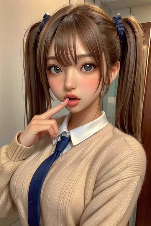 one girl, (((Open your mouth)))、Put your hand over your mouth、uniform、Beautiful breasts、 Brown eyes, ((Twin tails)) blonde, girl, (Eye and facial details:1.0), break, (masterpiece, Highest quality, Very detailed, Detailed face, 8k)