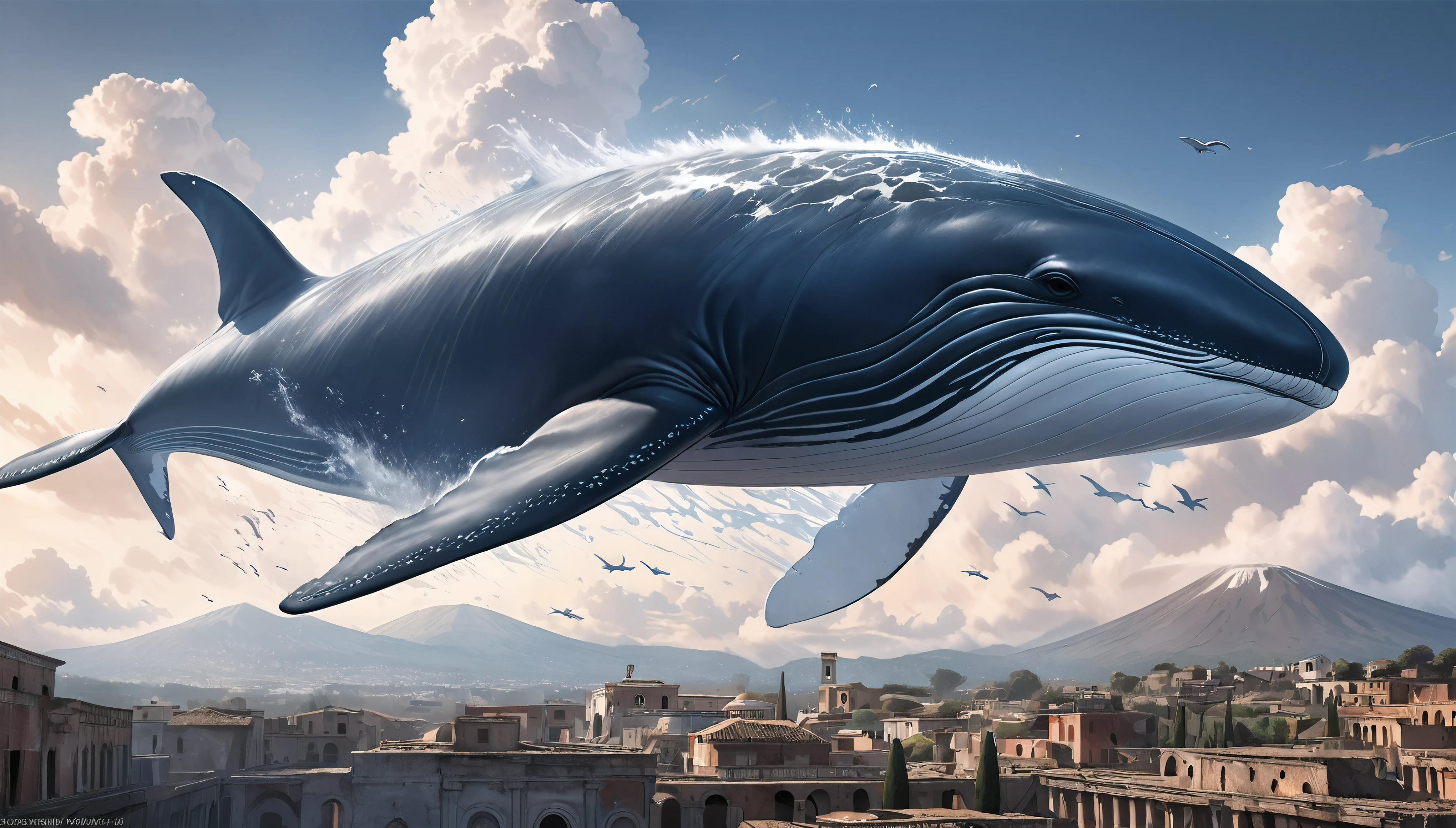 Blue whale flying in the sky, Aesthetic Moby Dick, dynamic, Splash-like clouds, BREAK Above the runway at the airport, (Realistic, Realistic photos:1.37, Photorealistic), 