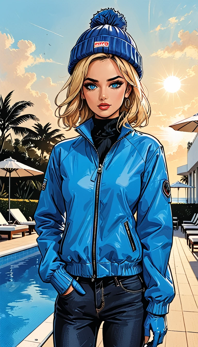 ((hand on own arm):1.5), sad, open mouth, pompom on a hat, (((girl in Blue zipped up down winter jacket and black turtleneck )) and levis (jeans) and blue gloves and (((blue winter hat)))) holding hand on own arm against the backdrop of a white hotel in the tropics,outside, sun lounger, white hotel, swimming pool,adult, [Nordic], perfect Olive skin, Oval Face, Rounded shoulders, (Short blonde Waves hair), snub nose, Arched eyebrows, ((Monolid blue Eyes)), High Round Narrow cheekbones, Dimpled Cheeks, Rounded Chin, Rounded Jawline, Full nude Lips, (blue eyes), Nude Makeup Look, long eyelashes, graphic style of novel comics, perfect hands, 2d, 8k, hyperrealism, masterpiece, high resolution, best quality, ultra-detailed, super realistic, Hyperrealistic art, high-quality, ultra high res, highest detailed, lot of details, Extremely high-resolution details, incredibly lifelike, soft cinematic light,