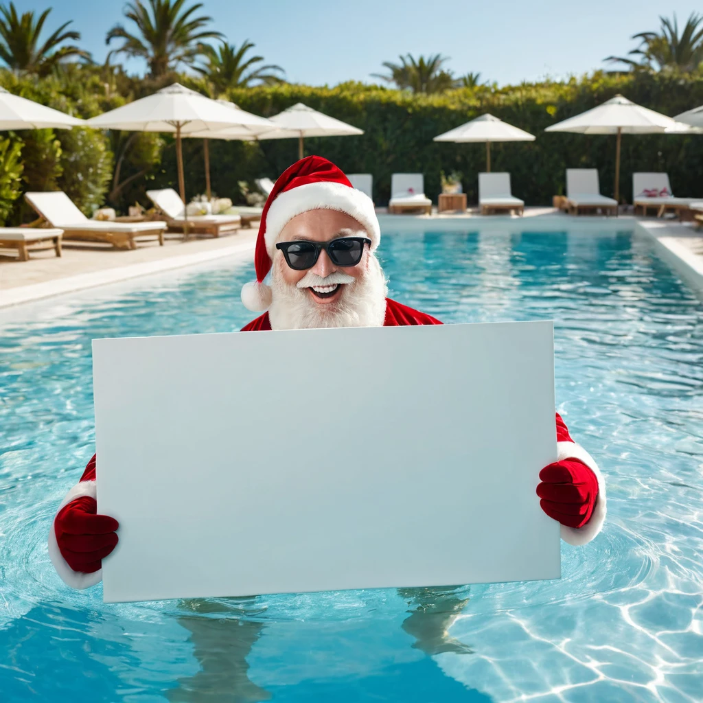 Captures an image from different angles of a swimming pool in which there are white rectangular signs in the water without any text, all posters are the same, In the center of the pool, a fat, smiling Santa Claus bathing in sunglasses floats in the water., very happy and holding a giant blank sign without text in his hands above his head . All the action takes place under a bright sun on a Mediterranean beach with impressive lighting for a perfect shot. Professional photography, 8k, RAW photo, The best quality, masterpiece, photorealistic, Highly detailed, cinematic lighting, sharp focus, réflex digital, high resolution, photorealistic, 