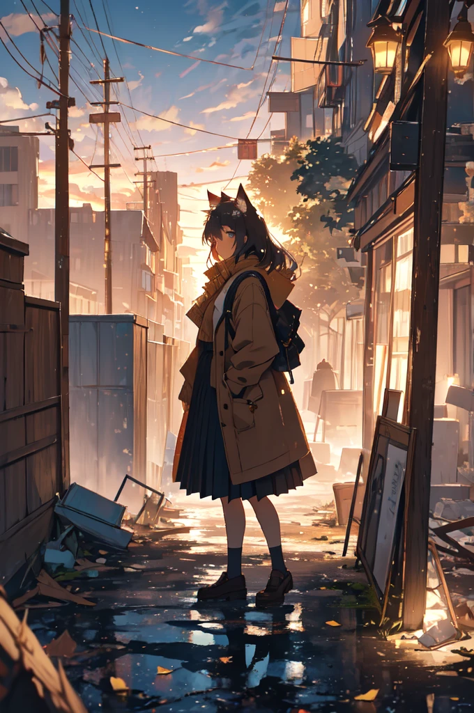 1girl, An anime-style character, female, standing on a ledge overlooking a city in a state of disrepair. The character has cat ears and is dressed in a , featuring a brown jacket and a pleated skirt. She carries a satchel over her shoulder.

The city below appears to be abandoned, with broken and overgrown structures. The warm, golden light of the setting sun casts long shadows and bathes the scene in a soft glow, creating a beautiful yet poignant contrast with the surrounding decay. The sky is partly cloudy with a few scattered leaves or debris caught in the breeze, adding to the sense of desolation and quiet.

The overall composition evokes a sense of solitude and contemplation, as the character gazes at the distant horizon, suggesting themes of resilience, hope, or a journey.