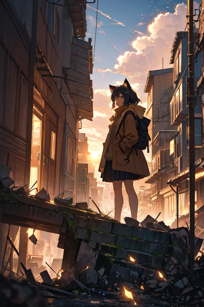 1girl, An anime-style character, female, standing on a ledge overlooking a city in a state of disrepair. The character has cat ears and is dressed in a , featuring a brown jacket and a pleated skirt. She carries a satchel over her shoulder.

The city below appears to be abandoned, with broken and overgrown structures. The warm, golden light of the setting sun casts long shadows and bathes the scene in a soft glow, creating a beautiful yet poignant contrast with the surrounding decay. The sky is partly cloudy with a few scattered leaves or debris caught in the breeze, adding to the sense of desolation and quiet.

The overall composition evokes a sense of solitude and contemplation, as the character gazes at the distant horizon, suggesting themes of resilience, hope, or a journey.