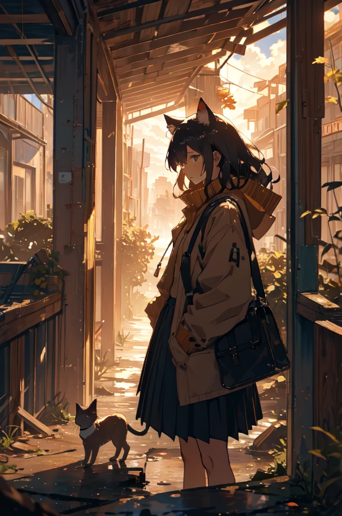 1girl, An anime-style character, female, standing on a ledge overlooking a city in a state of disrepair. The character has cat ears and is dressed in a , featuring a brown jacket and a pleated skirt. She carries a satchel over her shoulder.

The city below appears to be abandoned, with broken and overgrown structures. The warm, golden light of the setting sun casts long shadows and bathes the scene in a soft glow, creating a beautiful yet poignant contrast with the surrounding decay. The sky is partly cloudy with a few scattered leaves or debris caught in the breeze, adding to the sense of desolation and quiet.

The overall composition evokes a sense of solitude and contemplation, as the character gazes at the distant horizon, suggesting themes of resilience, hope, or a journey.