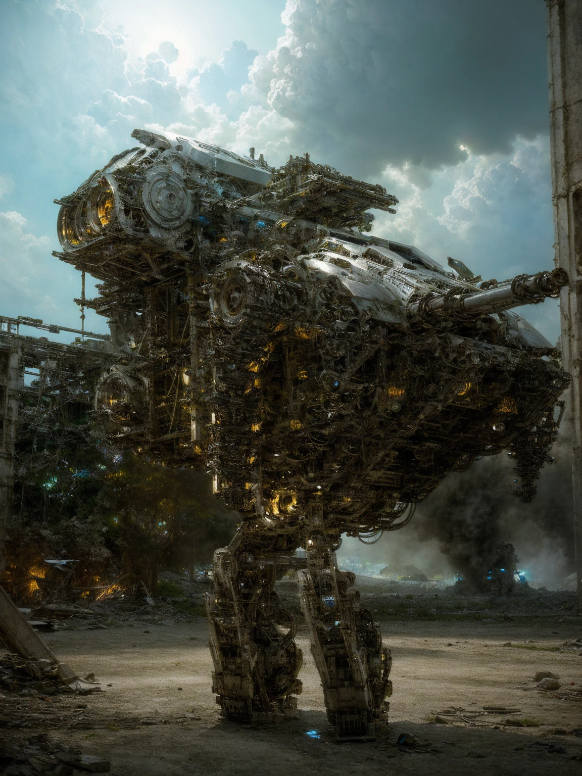 work of art,(best qualityer)Giant Cyberpunk Female Mechanical Titan,Marble breast prosthesis assembled with mechanical structural modules giganteega Evolution Future Technology Titan,Ruined dungeon ruins in apocalyptic cloudy day and night,Jewel-encrusted mechanical breast implant in metallic skin,Upgraded Mecha Heavy Mechanical Exoskeleton Costume,Dark fantasy art rendering