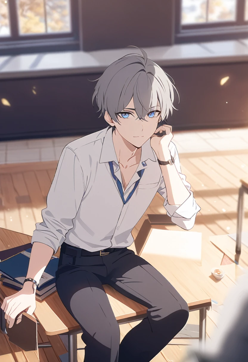 masterpiece,best quality,depth of field,8k,looking at the viewer,dark gray hair,blue eyes,(charismatic eyes 1:1),chic,Black pants,white shirt,alone,university,male,chic 남자,wseifuku